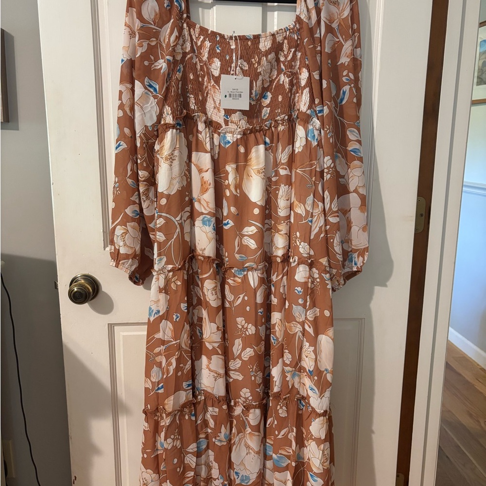 NWT, Floral Tiered Smocked Maxi Dress in Brown